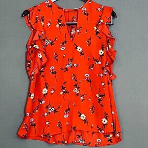 Crescent & Willough Red Floral Flutter Sleeve Blouse Women's L
